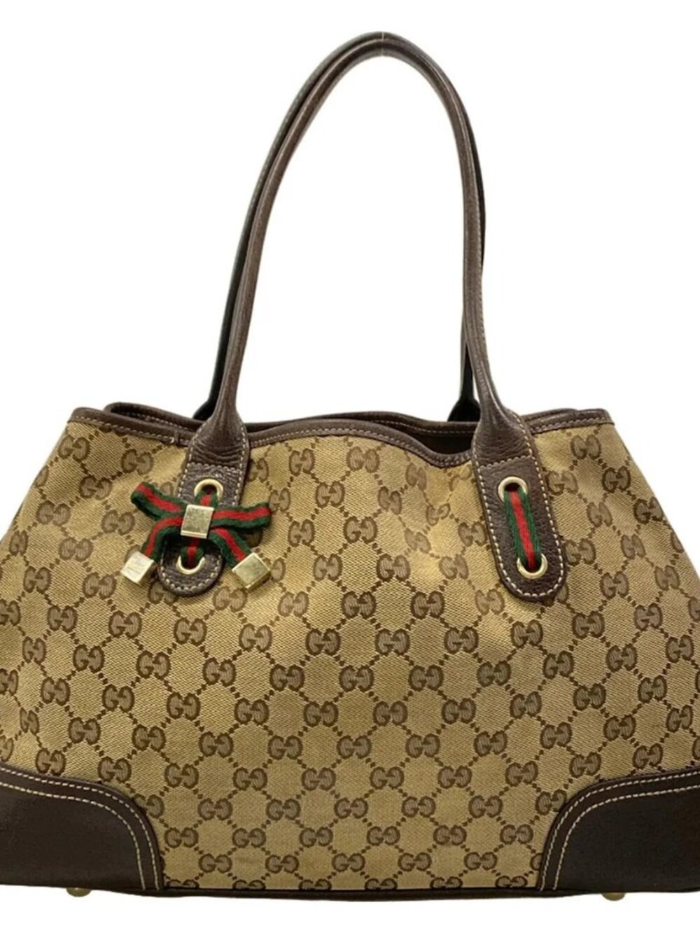 GUCCI 163805 Beige Dark Brown Jacquard Leather Tote Bag